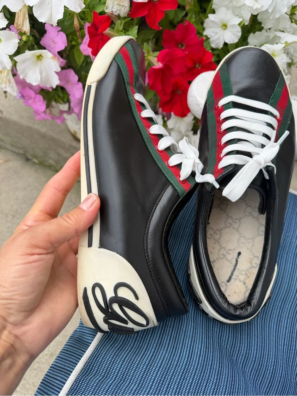Black Leather Low-Top Sneakers with Red & Green Stripe